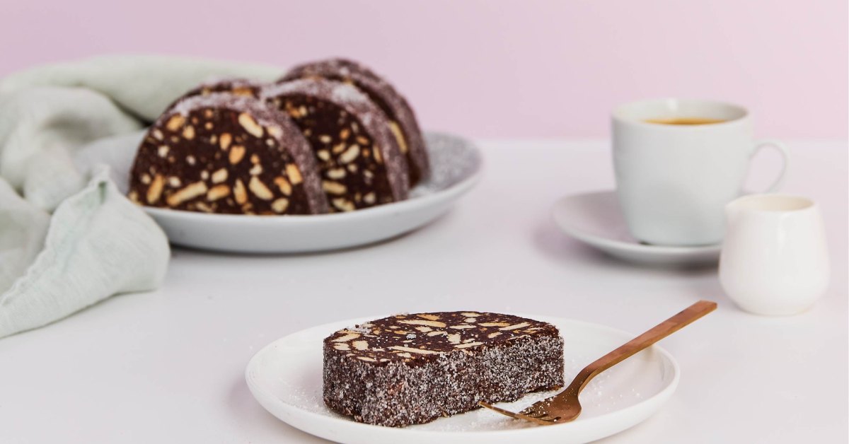 Slices of Portuguese salame de chocolate with visible biscuit pieces